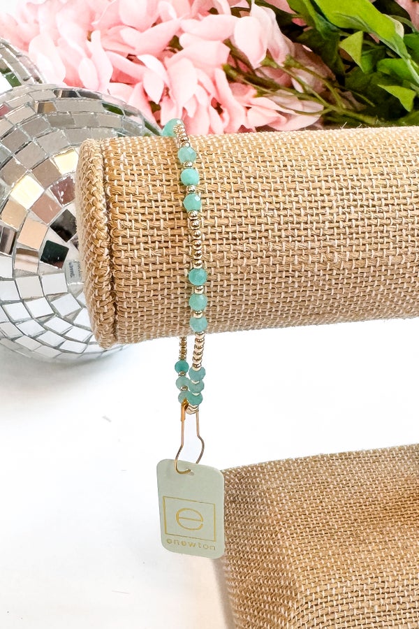 Gemstone Gold Joy Pattern 3mm Bead Bracelet - Amazonite by e newton
