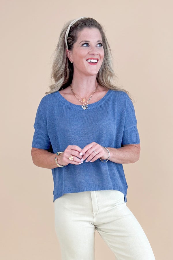 Cup Half Full Blue Boatneck Short Sleeve Sweater