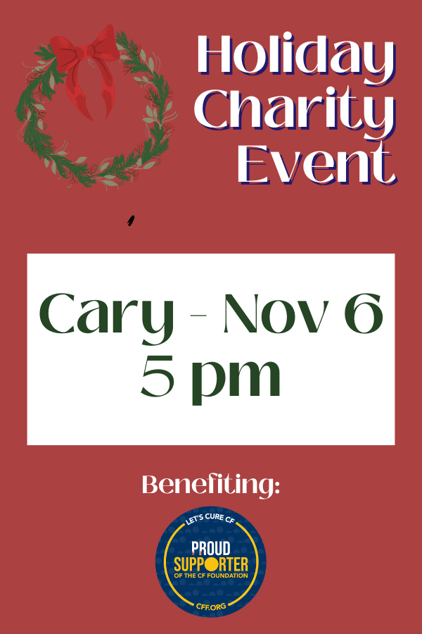 Advertisement for a holiday charity event with a wreath graphic and text details.