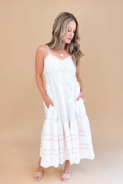 Run The Route Cream With Red Stitch Midi Dress by Fate