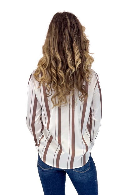 Chasing Fall Brown &amp; Cream Striped Satin Top