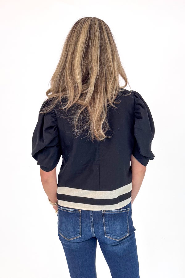 Turning Point Black Stripe Detail Puff Sleeve Top by Entro
