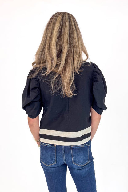 Turning Point Black Stripe Detail Puff Sleeve Top by Entro