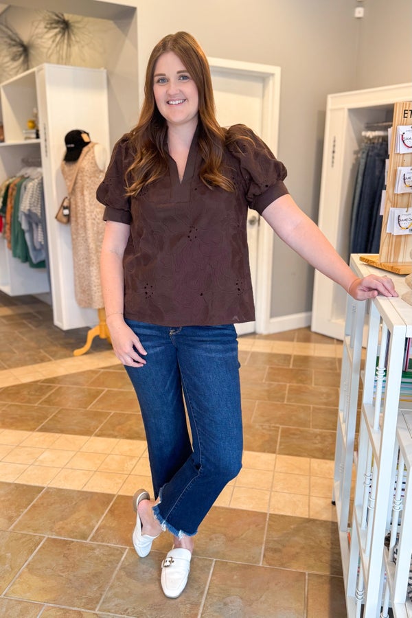 Pourover Perfection Brown Lace Puff Sleeve Top