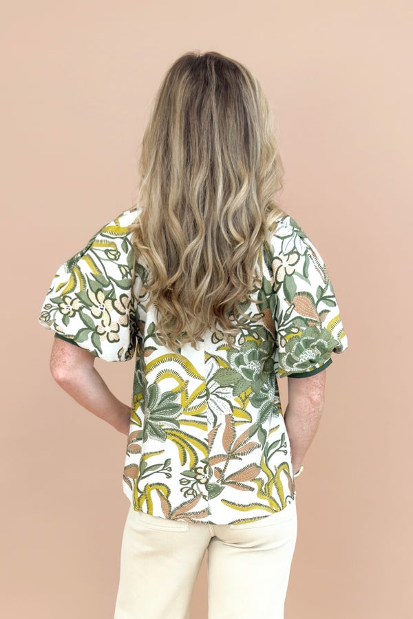 First Class Favorite Olive Floral &amp; Stripe Accent V-neck Top by Entro
