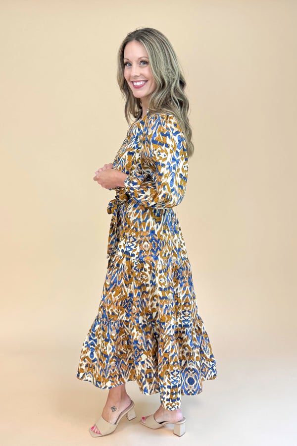 Steep Dreams Camel &amp; Blue Printed Puff Sleeve Midi Dress