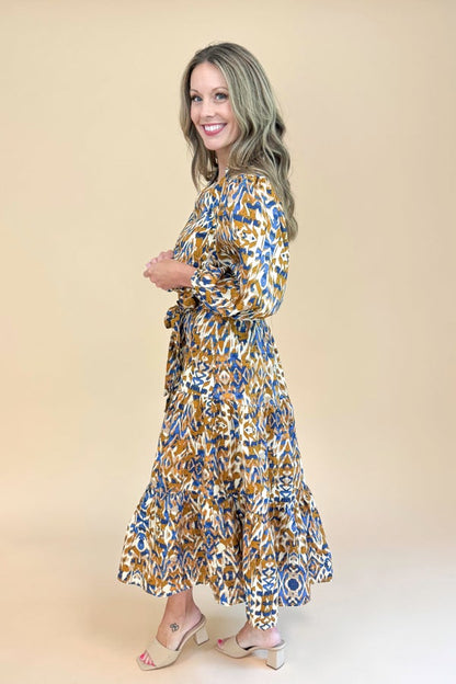 Steep Dreams Camel &amp; Blue Printed Puff Sleeve Midi Dress