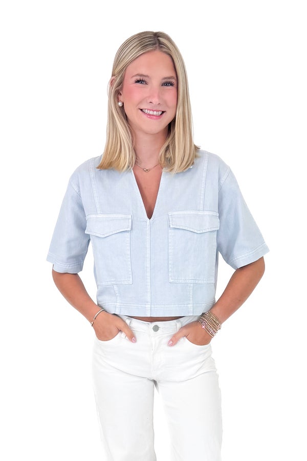 Mug Life Light Blue Double Pocket Denim Top