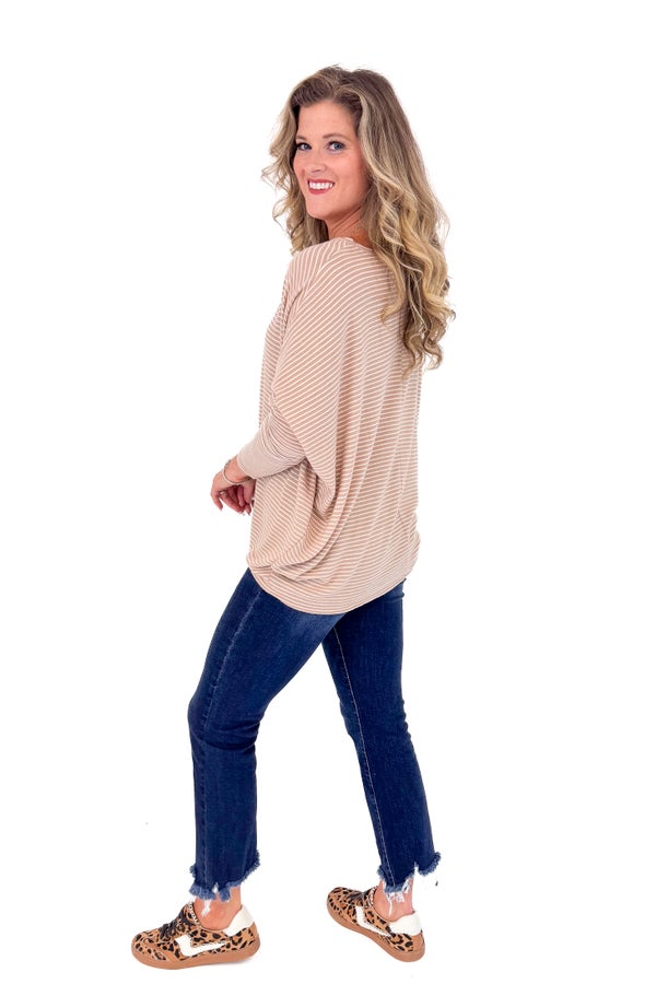 Made You Smile Taupe &amp; Cream Striped Brushed Top