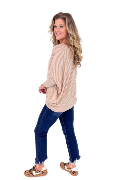 Made You Smile Taupe &amp; Cream Striped Brushed Top