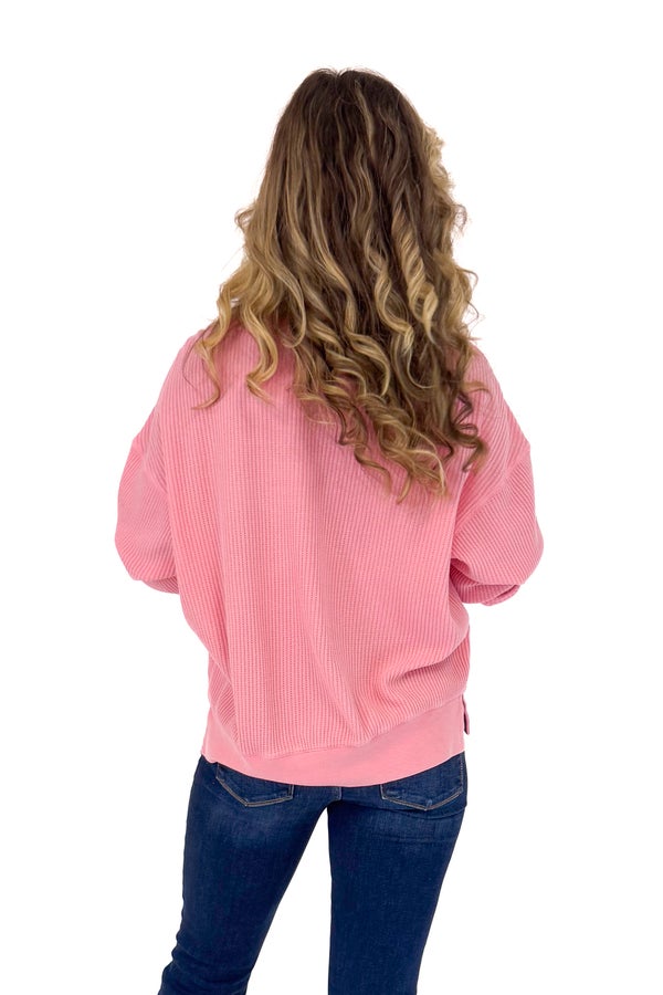 Falling Fast Washed Pink Round Neck Waffle Weave Top