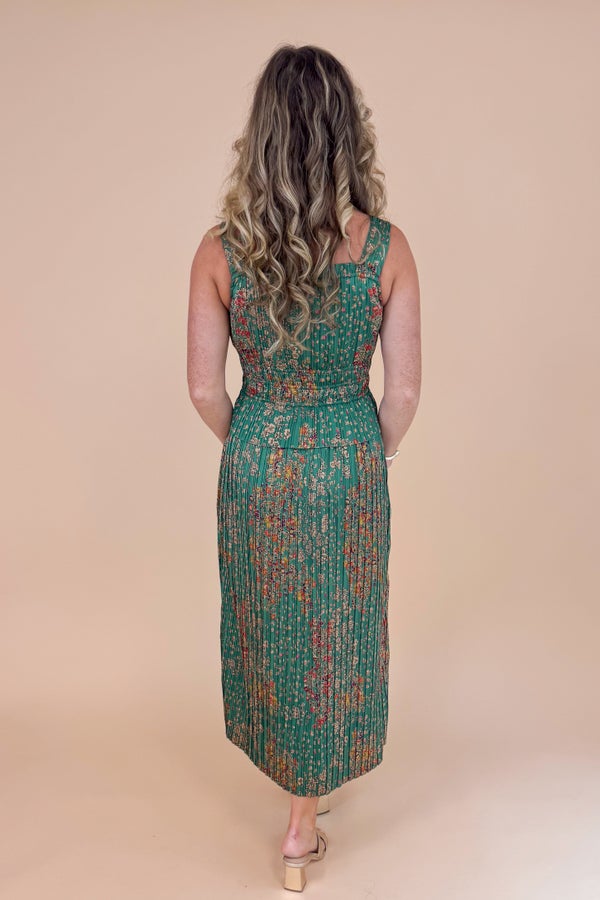Just The Two of Us Green Floral Pleat Detail Midi Dress by Fate