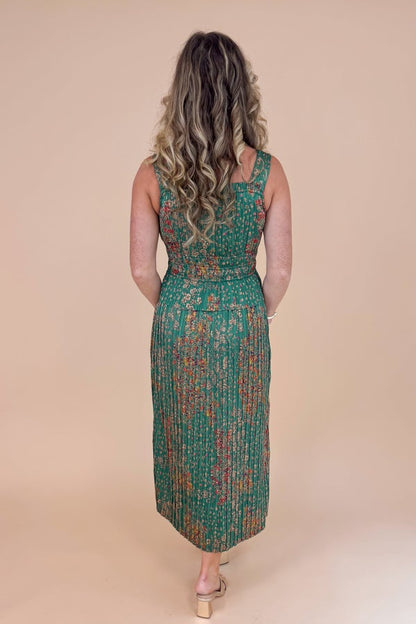 Just The Two of Us Green Floral Pleat Detail Midi Dress by Fate