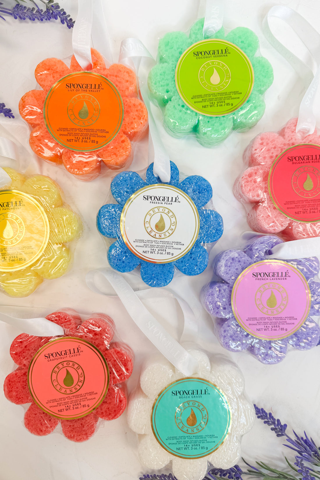 Colorful spongelle sponges with brand labels on a white background