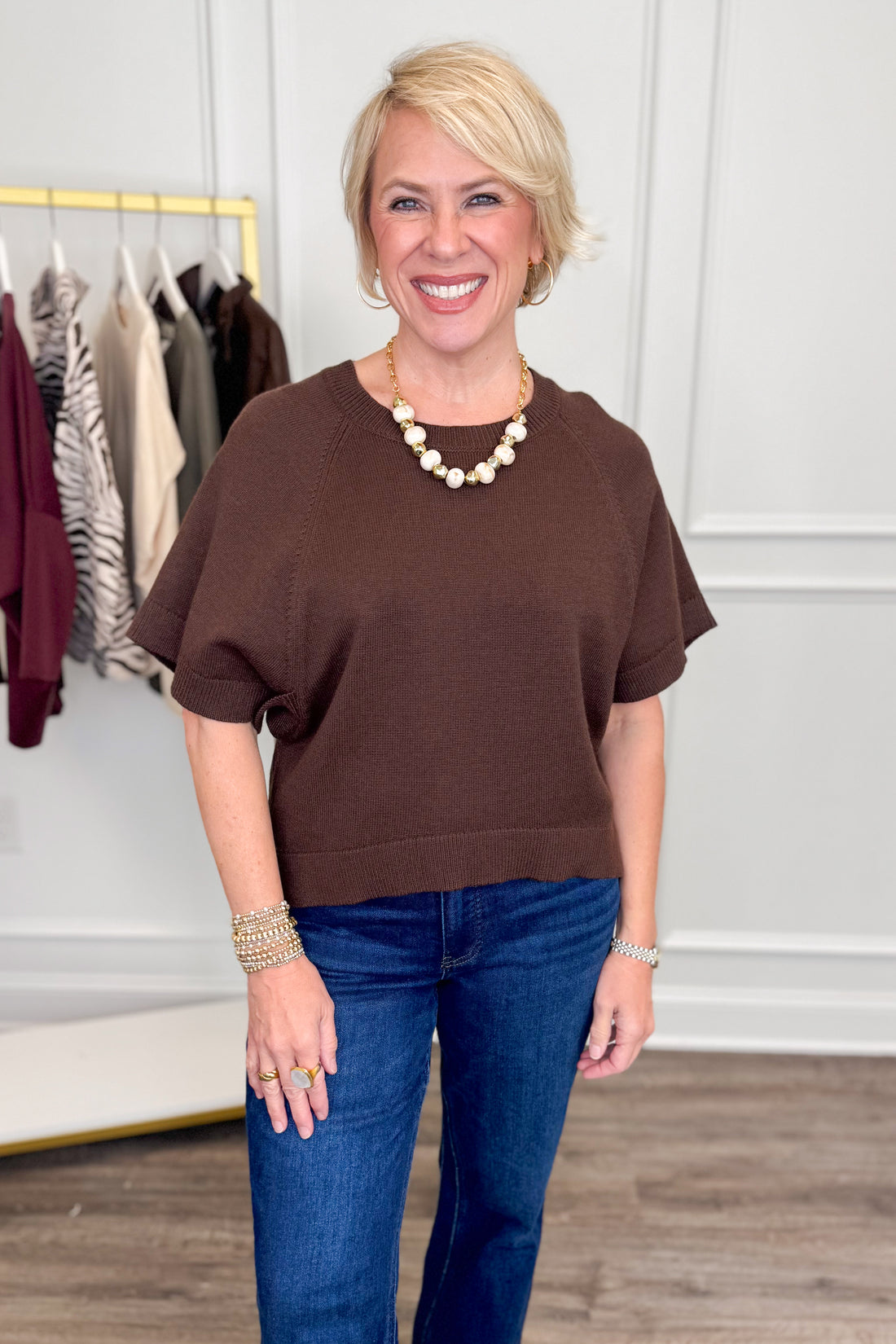 In Hindsight Brown Dolman Short Sleeve Sweater by Entro