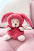 Plush toy rabbit in a pink outfit sitting on a pink surface with a white pillow in the background.
