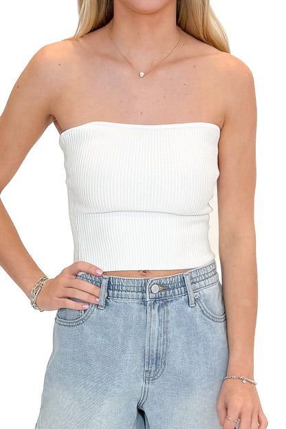 Front detail view of woman wearing Off White Ribbed Tube Top with jean shorts against white studio background.