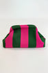 Green and pink striped fabric on a white background