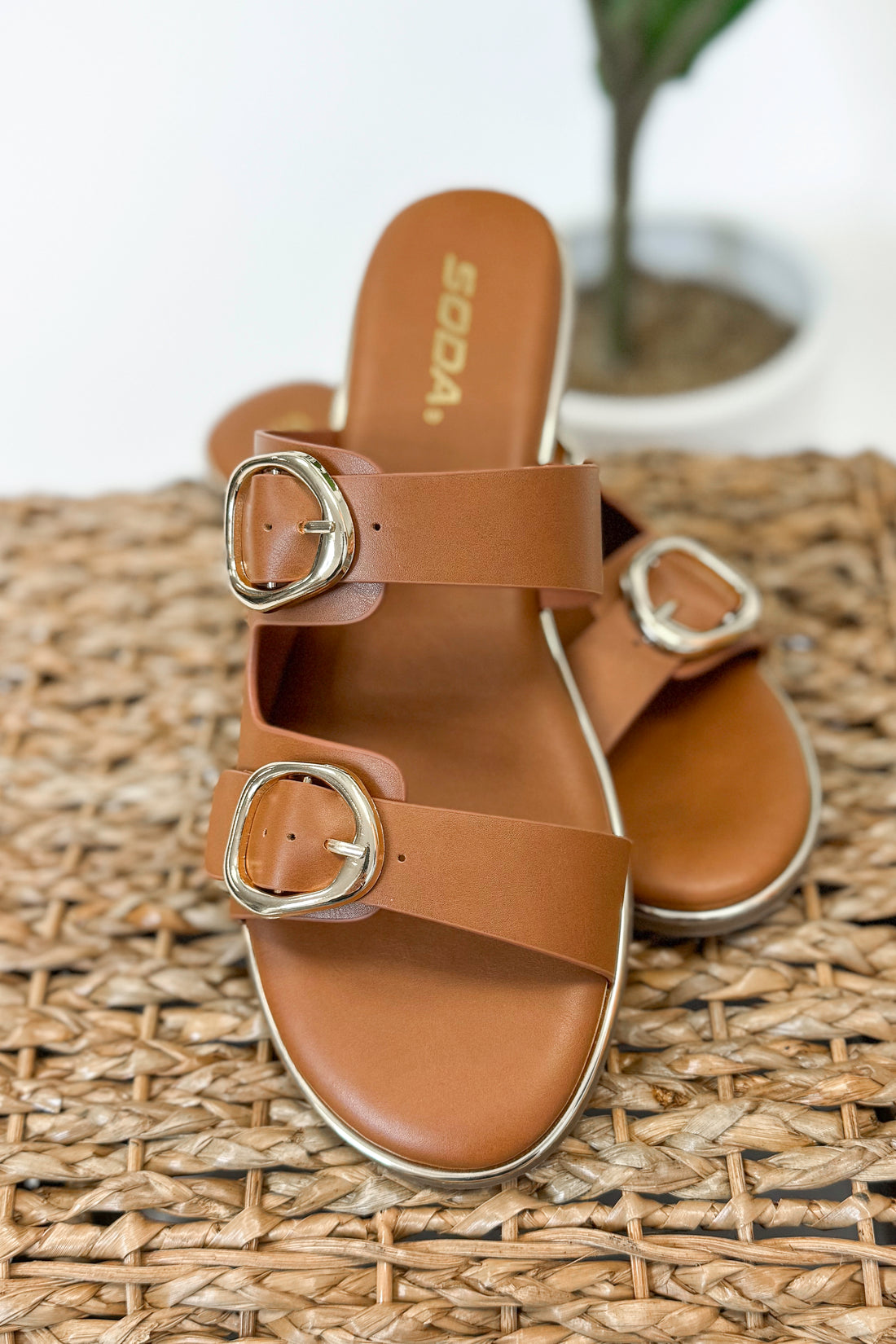Arina- Tan Double Buckle Sandals displayed