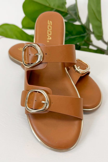Arina- Tan Double Buckle Sandals displayed