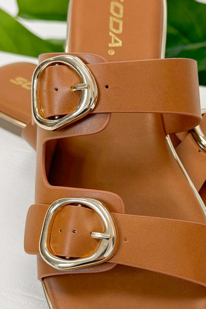 Arina- Tan Double Buckle Sandals displayed close up