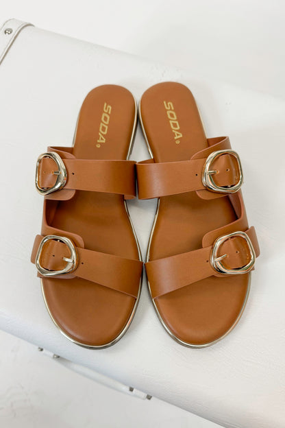 Arina- Tan Double Buckle Sandals displayed top view
