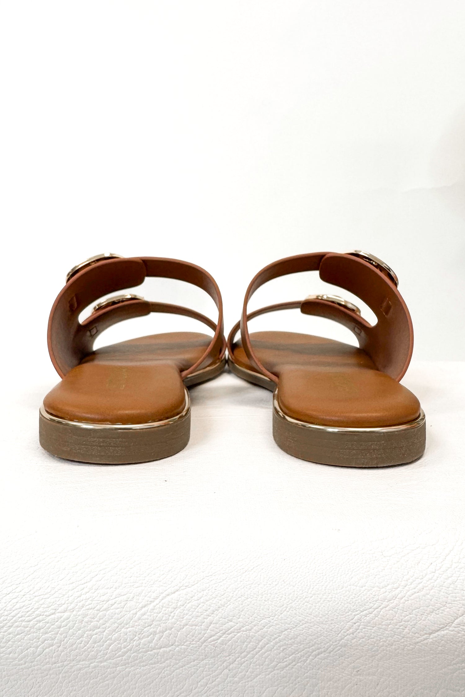 Arina- Tan Double Buckle Sandals displayed back view