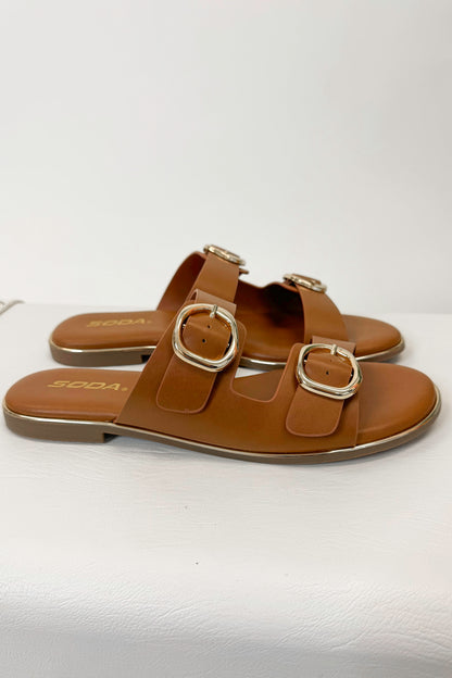 Arina- Tan Double Buckle Sandals displayed side view