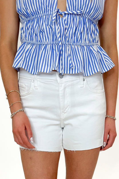 Front view of woman wearing White Stretch Shorts by Just Black Denim with top against white studio background.