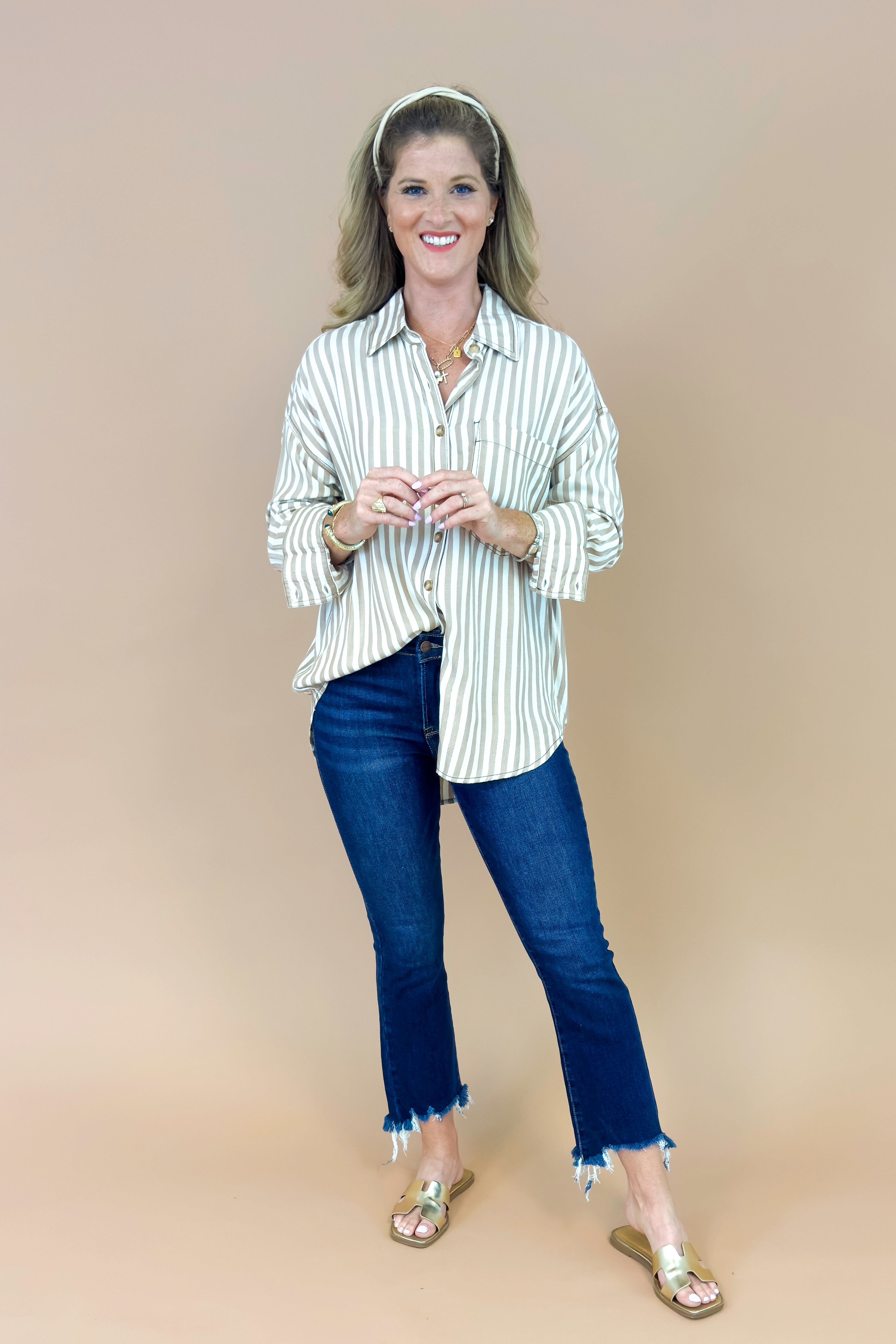 Java Jive Khaki Stripe Button Down Top