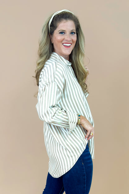 Java Jive Khaki Stripe Button Down Top