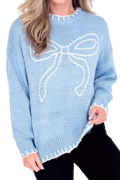 All At Once Blue With Cream Bow Sweater