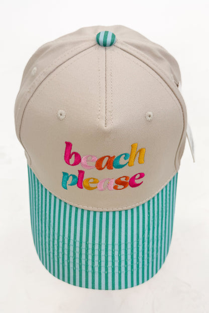 Top view of "beach please" hat showing the crown shape, stitching, and striped brim.