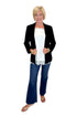 Front view of woman wearing Swagger Boutique’s Black Blazer and Ivory Satin Lace Trim Tank Top by Entro with jeans against white studio background.