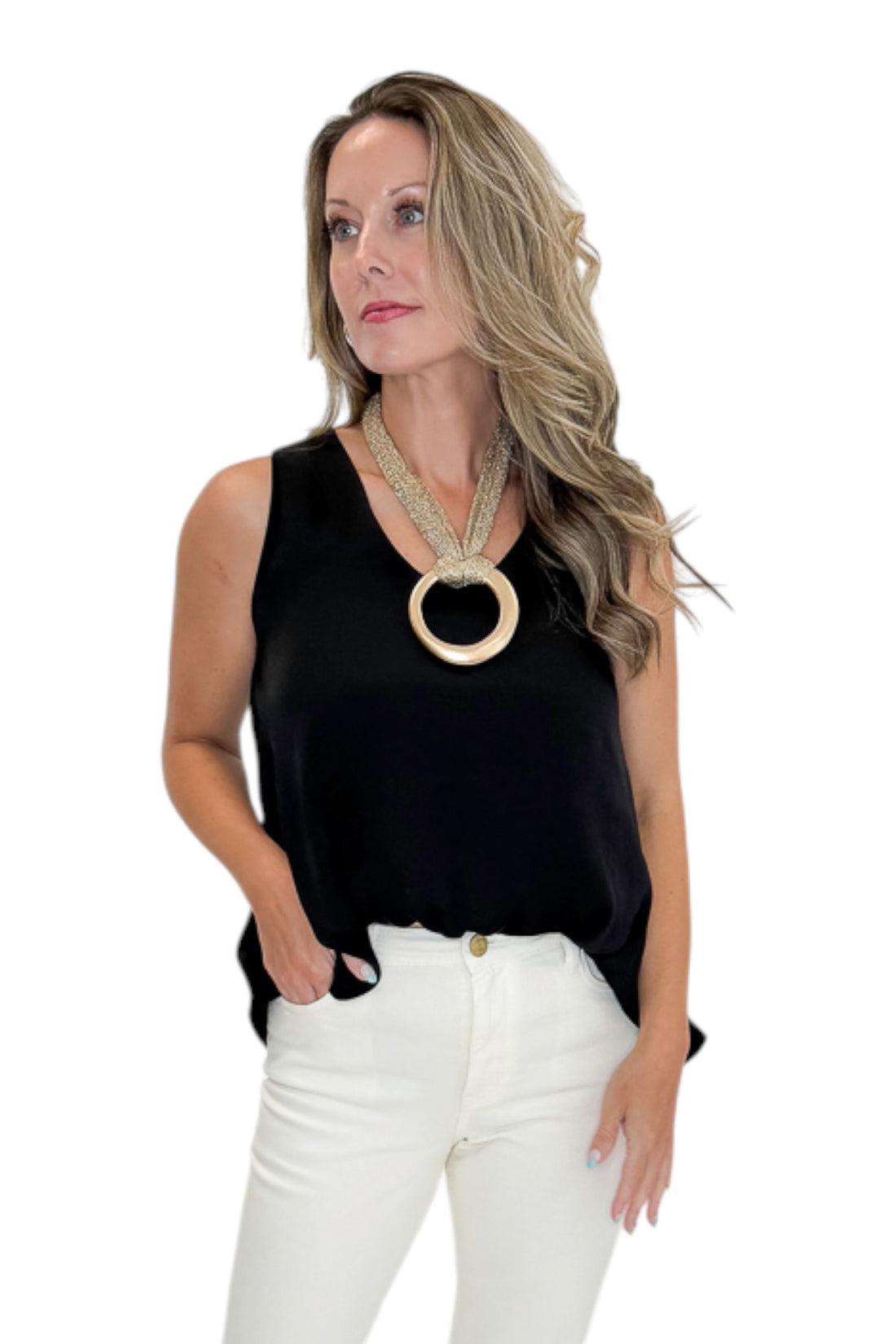 Front view of woman wearing Swagger Boutique’s Black Bubble Hem Tank with jeans against white studio background.
