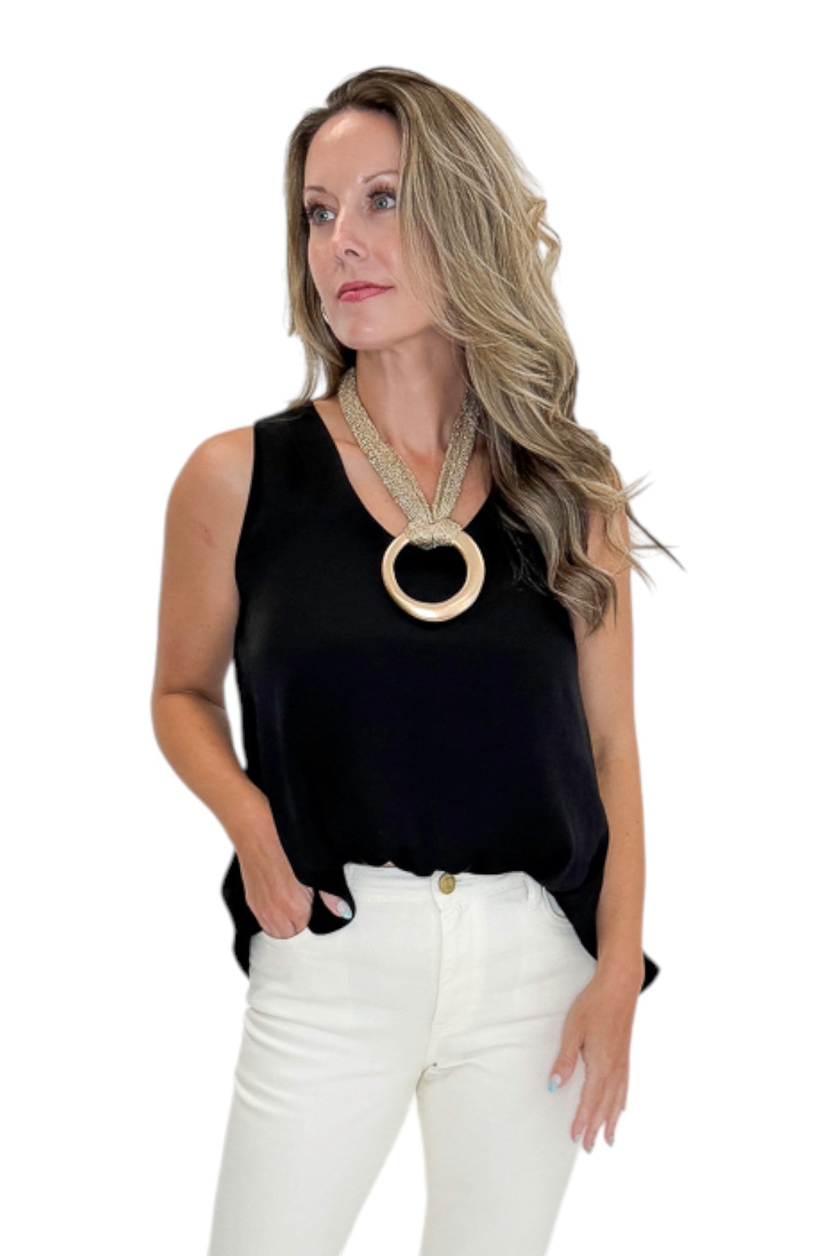 Front view of woman wearing Swagger Boutique’s Black Bubble Hem Tank with jeans against white studio background.