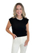 Front view of woman wearing Swagger Boutique’s Black Cap Sleeve Sweater with jeans against white studio background.