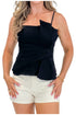 Front view of woman wearing Swagger Boutique’s Cream & Black Polka Dot Shorts by Entro with Black Pleat Detail Tank against white studio background.