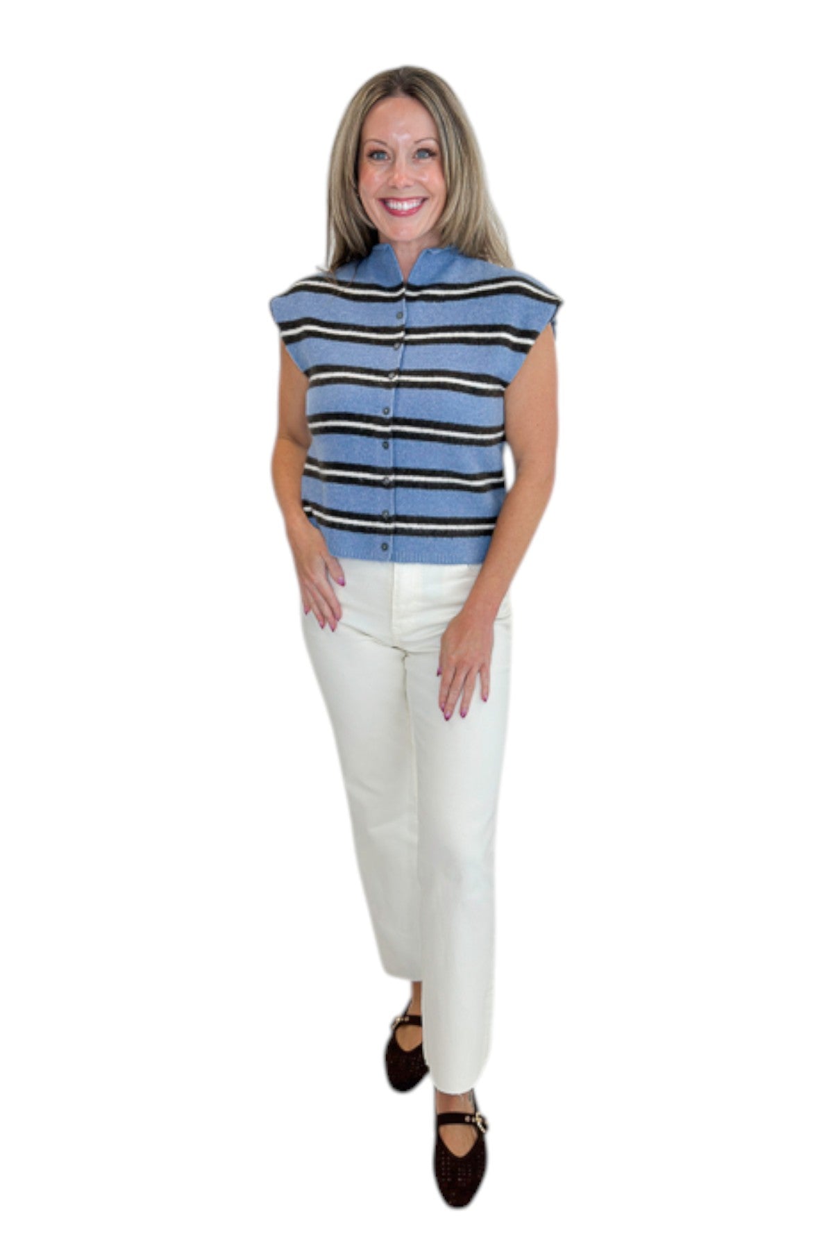 Front view of woman wearing Swagger Boutique’s Blue &amp; Brown Striped Sleeveless Sweater by Entro with jeans against white studio background.