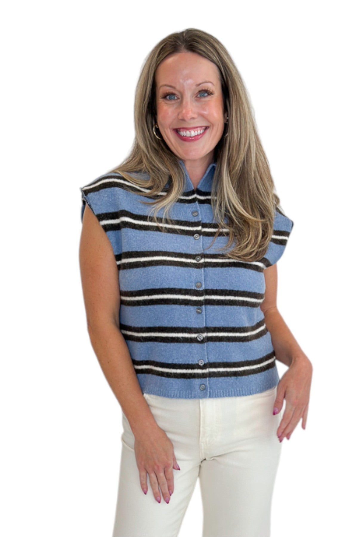 Front view of woman wearing Swagger Boutique’s Blue &amp; Brown Striped Sleeveless Sweater by Entro with jeans against white studio background.