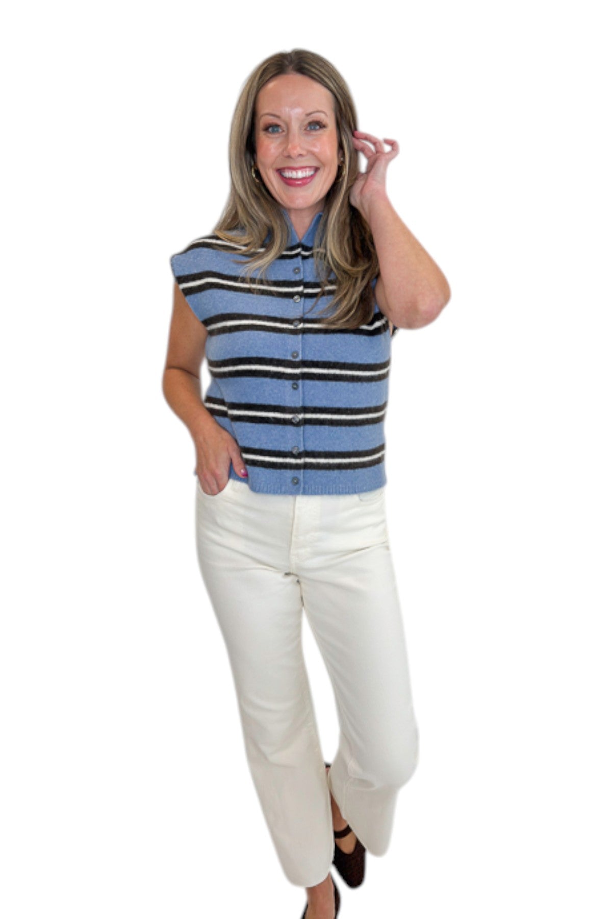 Front view of woman wearing Swagger Boutique’s Blue &amp; Brown Striped Sleeveless Sweater by Entro with jeans against white studio background.