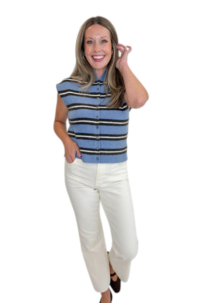 Front view of woman wearing Swagger Boutique’s Blue &amp; Brown Striped Sleeveless Sweater by Entro with jeans against white studio background.