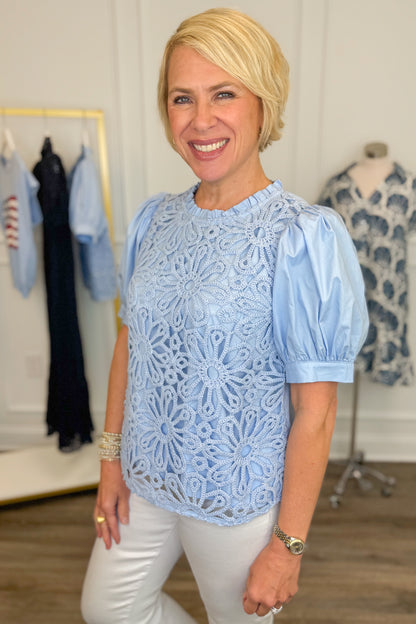 Side view of woman wearing Swagger Boutique’s Blue Crochet Puff Sleeve Top with jeans against white studio background.