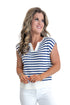 Front view of woman wearing Swagger Boutique’s Blue & White Striped Sleeveless Sweater with jeans against white studio background.