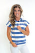 Front view of woman wearing Swagger Boutique’s Blue & White Striped Sleeveless Sweatshirt with white jeans against white studio background.