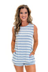 Front view of woman wearing Swagger Boutique’s Blue & White Striped Tank with matching Blue & White Striped Shorts against white studio background.