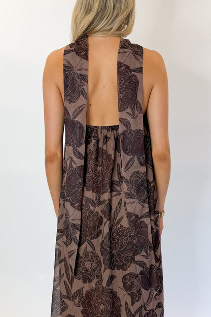 Back Detail view of woman wearing Swagger Boutique’s Brown Floral Strapless Maxi Dress with heels against white studio background.