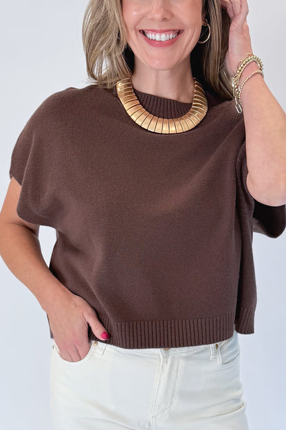 Front detail view of woman wearing Swagger Boutique’s Brown Light Weight Short Sleeve Sweater with jeans against white studio background.