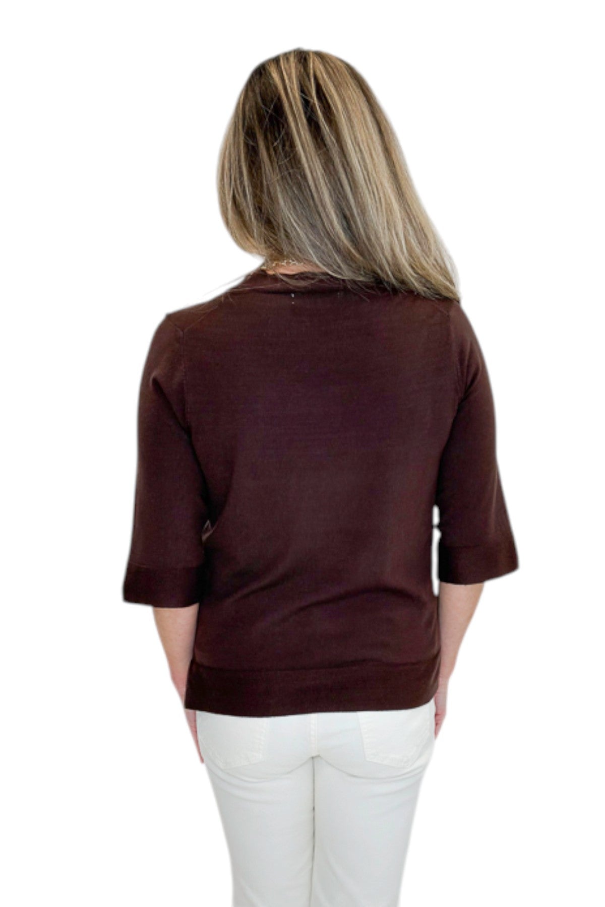 Back view of woman wearing Swagger Boutique’s Brown Lightweight Half Sleeve Sweater with jeans against white studio background.