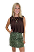 Front view of woman wearing Swagger Boutique’s Olive Zebra Button Up Skirt by Entro with Brown Mesh Bubble Hem Top against white studio background.